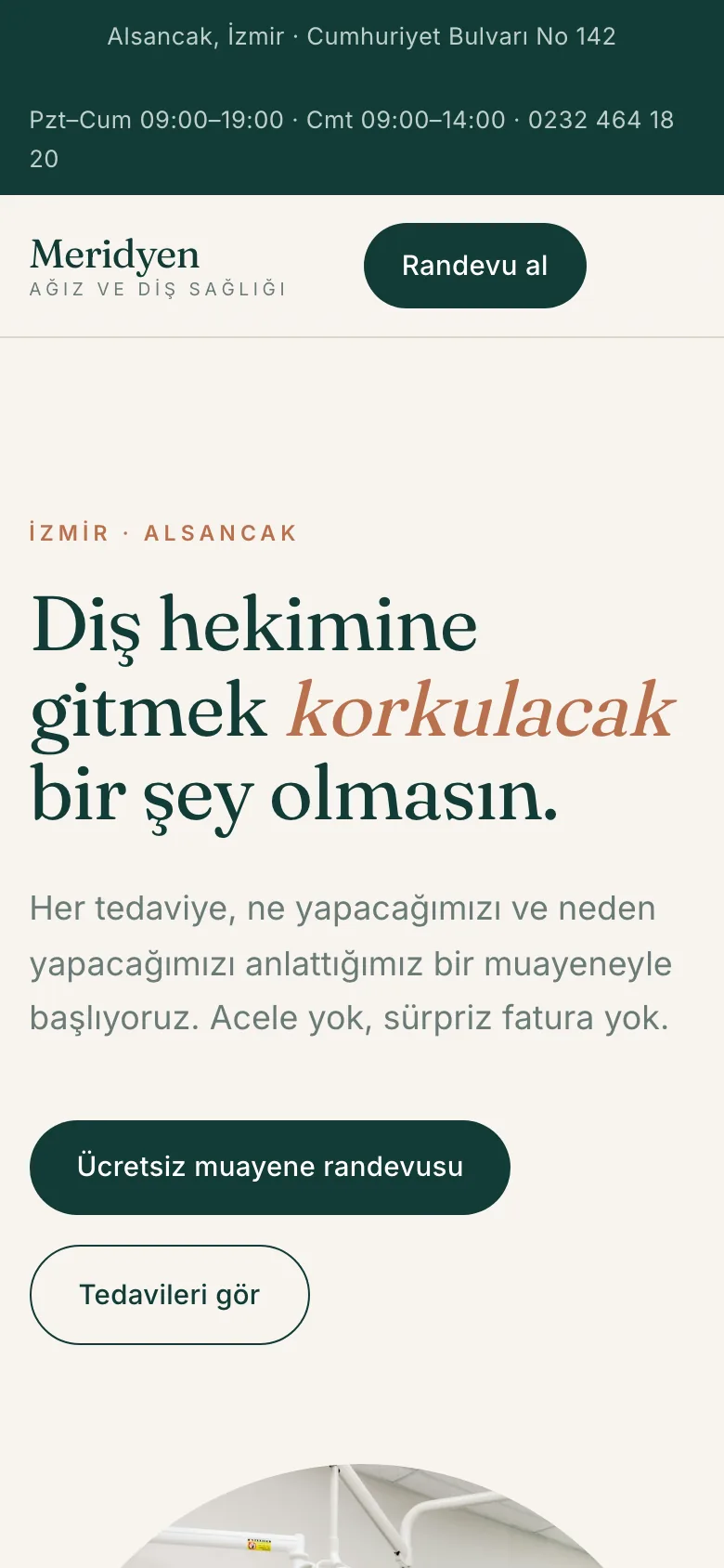 Meridyen Diş sitesinin telefon görünümü
