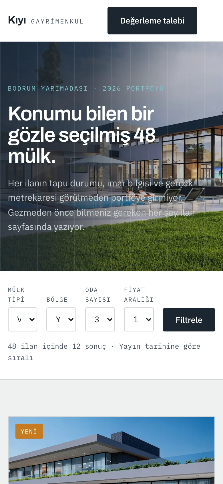 Kıyı Gayrimenkul sitesinin telefon görünümü